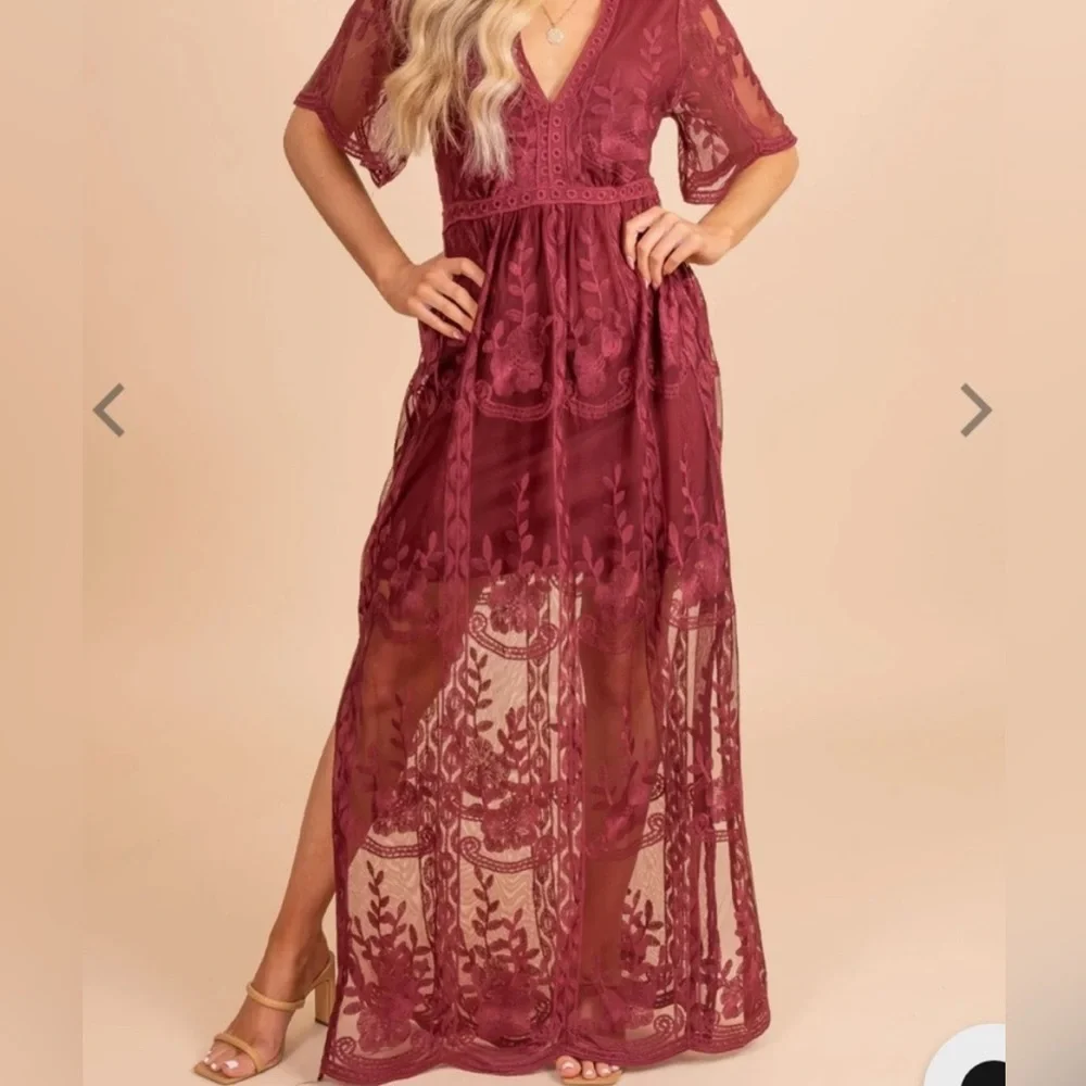 BELLA ELLA BOUTIQUE XL Light My Fire Deep V Neck Lace Wine Maxi Dress - Picture 3 of 16